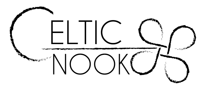 The Celtic Nook Logo is in black text. The "C" is big off to the left. The rest of the word "eltic" sitting on top of the word "Nook" with a line dividing. The line goes off to the right into a Celtic knot design.